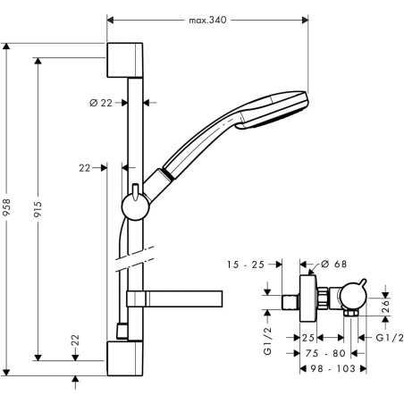 Termostaatiline dušisegisti koos 95,8 cm dušiga HANSGROHE Croma 100, 27035000