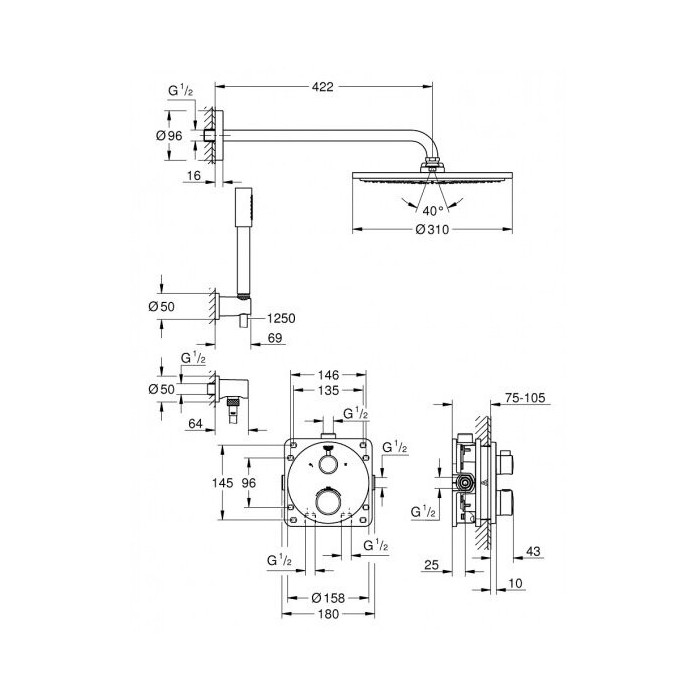 Встраиваемый термостатический душевой комплект GROHE Grohtherm Rainshower Cosmopolitan 310, 34731000