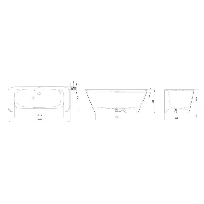 Ванна из каменной массы PAA Quadro Wall Silkstone, 750 x 1600 мм, VAQUAS/00