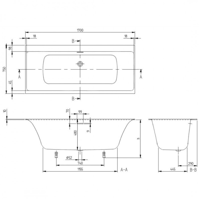 Ristkülikukujuline vann VILLEROY & BOSH Subway 3.0 Duo 750 x 1700 mm, UBQ170SBW2DV-01