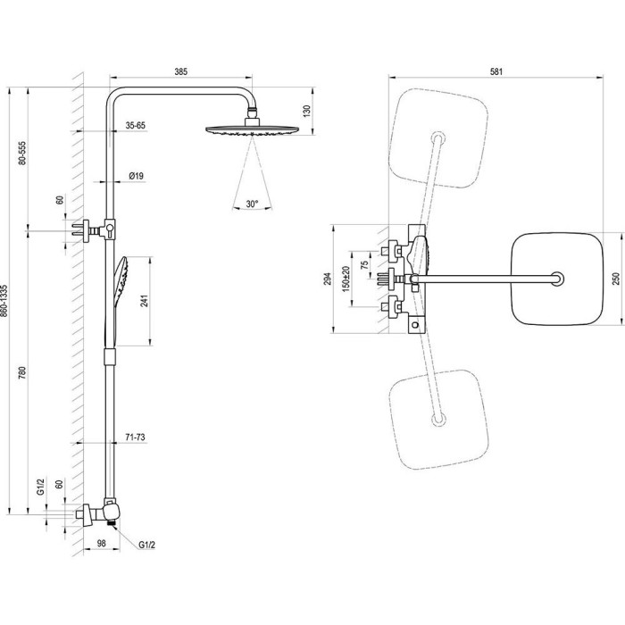 Shower stand RAVAK 10° Free with a thermostatic mixer is the shower set X070141