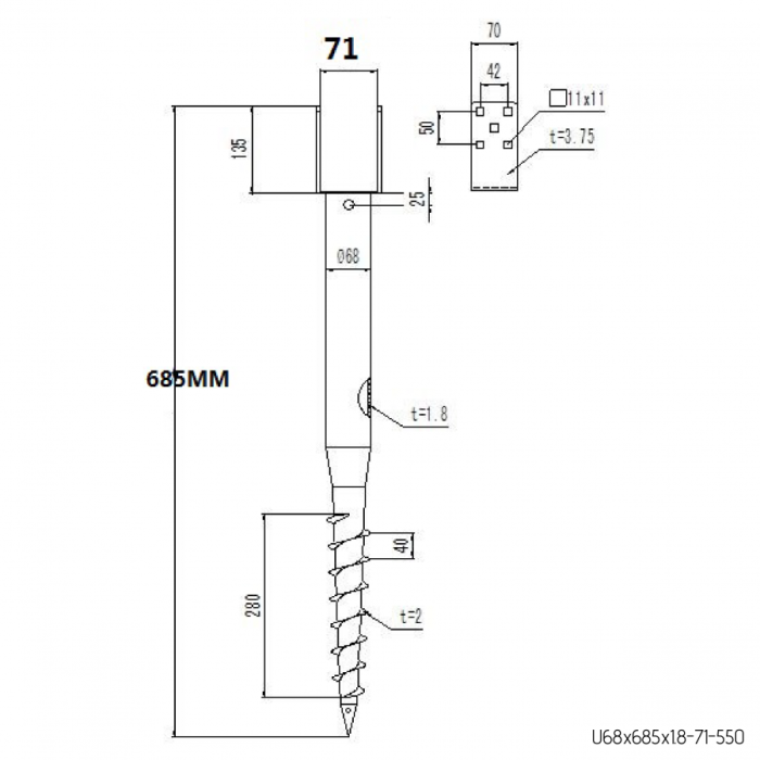 Screw-in pole with plate U70 (100) x 800 mm