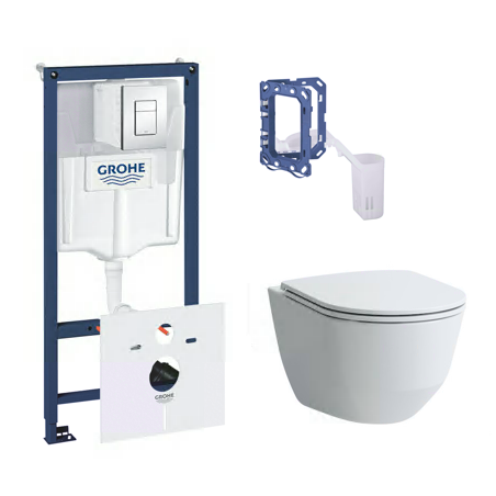 GROHE Rapid SL 5 in 1 concealed toilet frame + LAUFEN Pro Rimless wall-hung toilet with SLIM Slowclose seat.