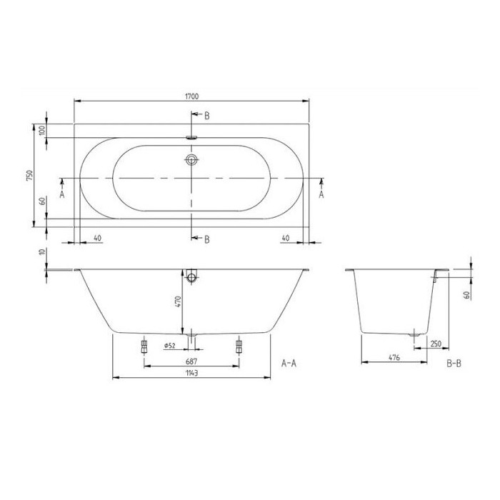 Ristkülikukujuline vann VILLEROY & BOSH Oberon 2.0 Quaryl materjalist 750 x 1700 mm