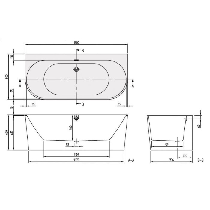 Seinaga paigutatud ristkülikukujuline vann VILLEROY & BOSH Oberon 2.0 Quaryl materjalist 800 x 1800 mm