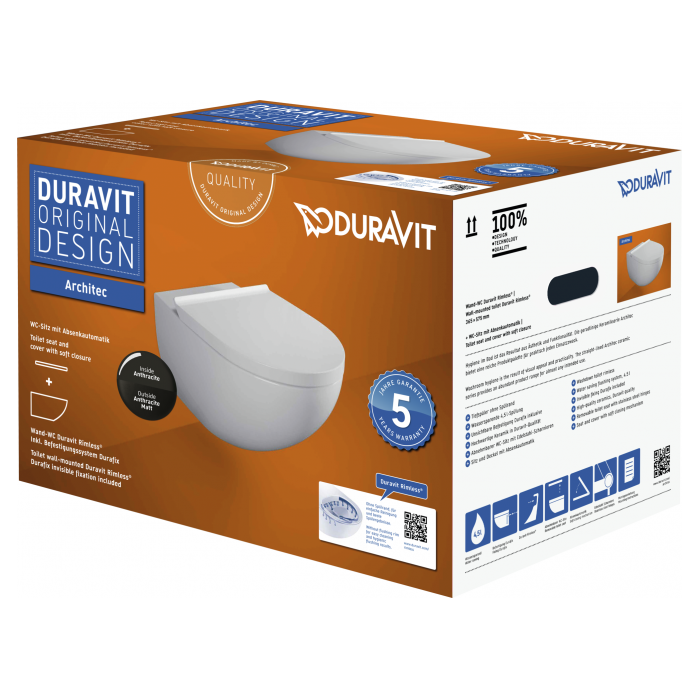 Rippuv WC-pott DURAVIT Architec Rimless Soft close kaanega, 45726989A1