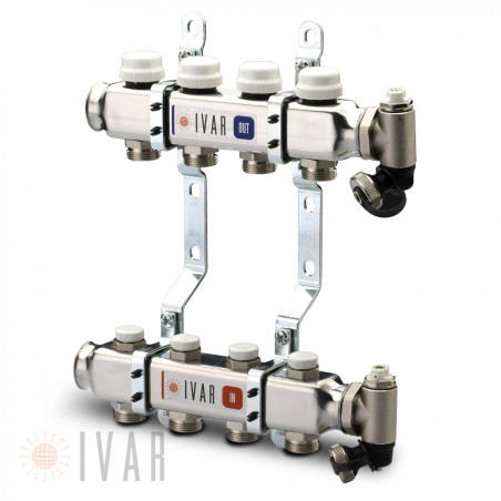 Reguleeritavad põrandakütte kollektorid IVAR 2 ringi ilma voolumõõturiteta, komplektis segamisjaoturiga