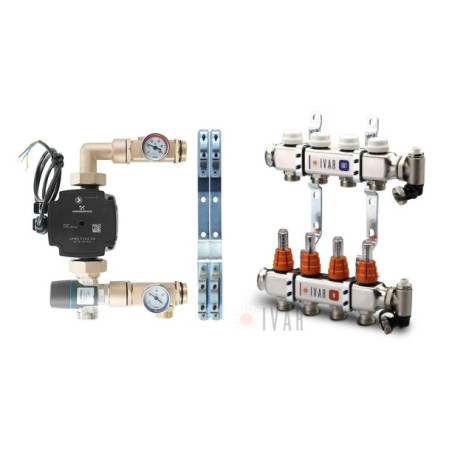 IVAR adjustable underfloor heating manifold with 5 circuits and flow meters, complete with a mixing unit.
