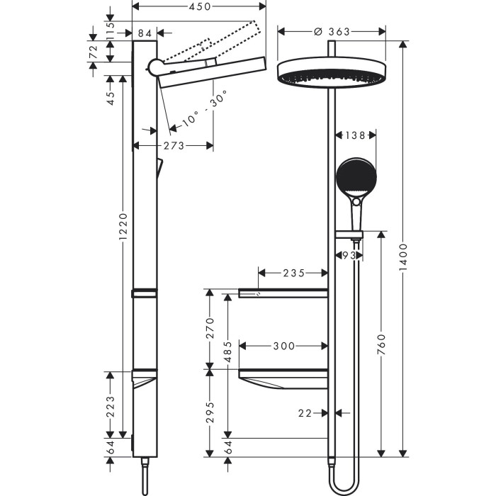 Potinkinis termostaatiline dušš 4 in 1 komplekt HANSGROHE Rainfinity Showerpipe 360 1jet, kroom
