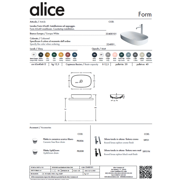 Устанавливаемая на столешницу раковина ALICE CERAMICA Формат 650 x 400 мм (выбор цвета)