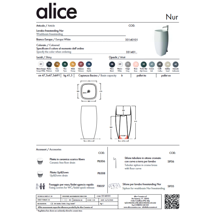 Свободно стоящий умывальник ALICE CERAMICA Nur (перьяный выбор)
