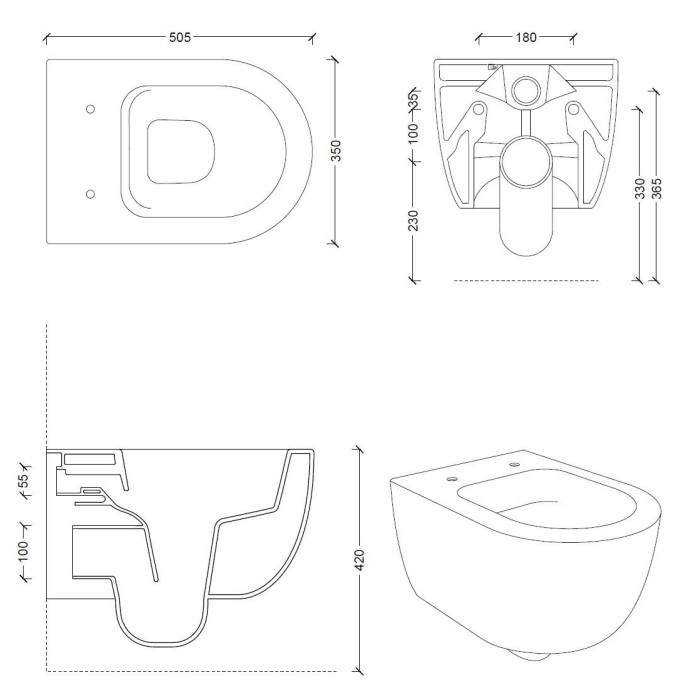 Hanging toilet ALICE CERAMICA Unica Rimless 50 x 35 cm with Slim Slow close lid, black-matt