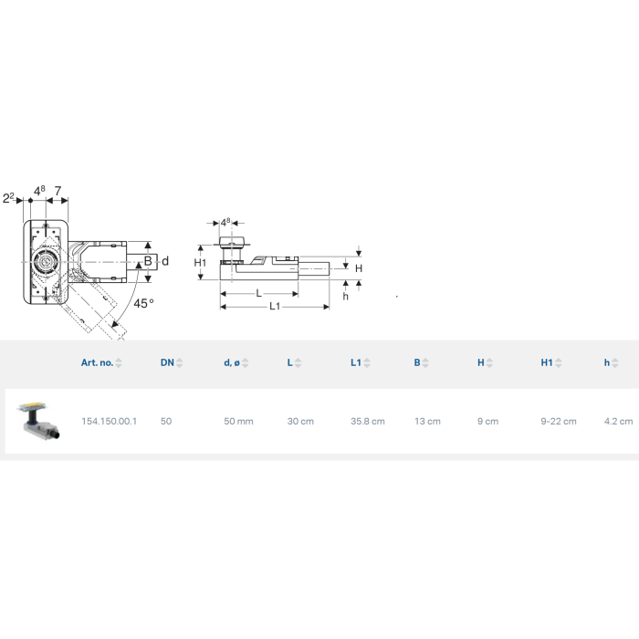 Нижняя часть душевого трапа GEBERIT Cleanline DN 50 - H 90-220 мм, 154.150.00.1
