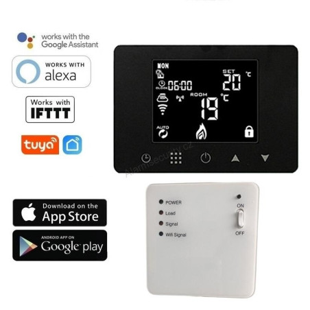 Wi-Fi wireless underfloor heating control kits with a surface-mounted black room thermostat