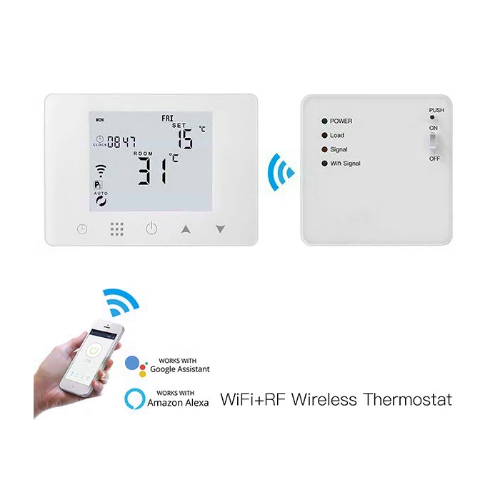 Wi-Fi wireless underfloor heating control kits with a surface-mounted white room thermostat