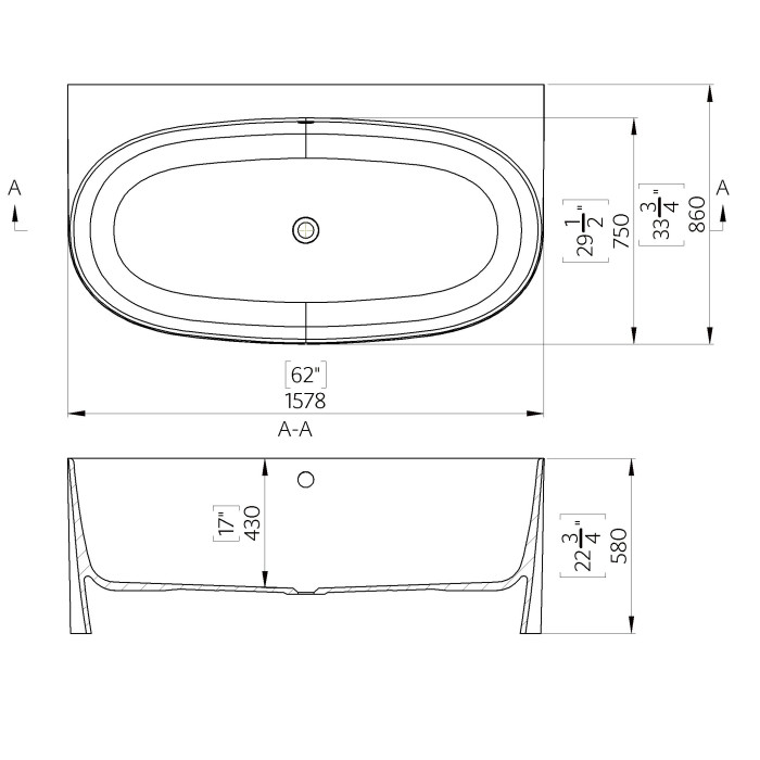 Ванна из каменной массы прижимается к стене MEPA Aura 1578 x 860 мм