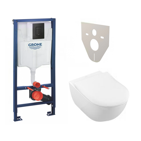 GROHE Solido concealed WC frame with black button Even + VILLEROY & BOCH Subway 2.0 wall-mounted toilet sets (6 in 1)