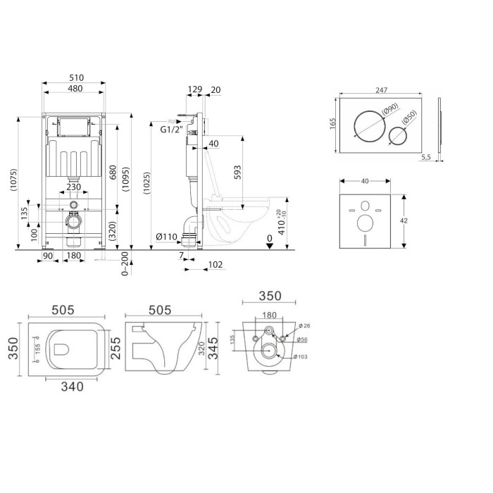 Built-in universal toilet (WC) frame sets EU (4 in 1) + wall-mounted toilet EU Square Rimless with slim Soft Close lid
