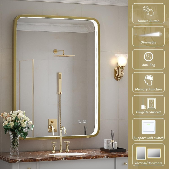 Mirror with LED lighting 60 x 80 cm with a brushed gold frame