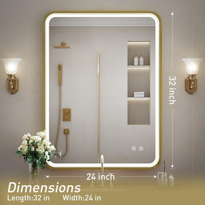 Mirror with LED lighting 60 x 80 cm with a brushed gold frame