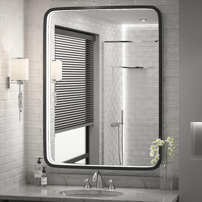 Mirror with LED lighting 60 x 80 cm with black-matte frame