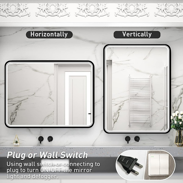 Mirror with LED lighting 60 x 80 cm with black-matte frame