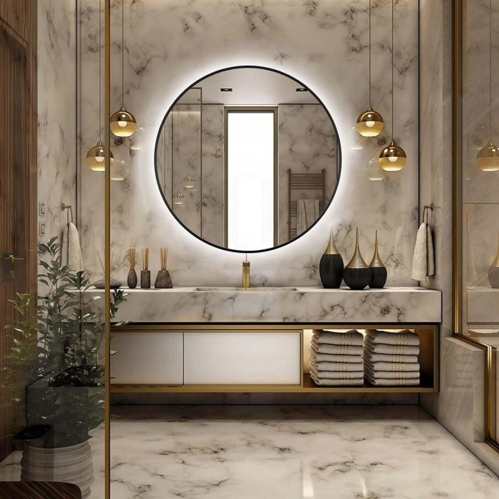 Mirror with LED stars 60 x 60 cm with black-matte frame
