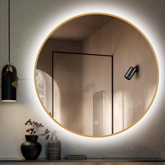 Mirror with LED lighting 60 x 60 cm from brushed gold frames
