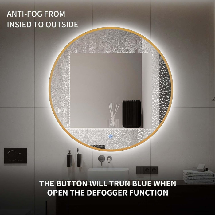 Mirror with LED lighting 60 x 60 cm from brushed gold frames