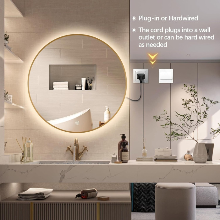Mirror with LED lighting 60 x 60 cm from brushed gold frames