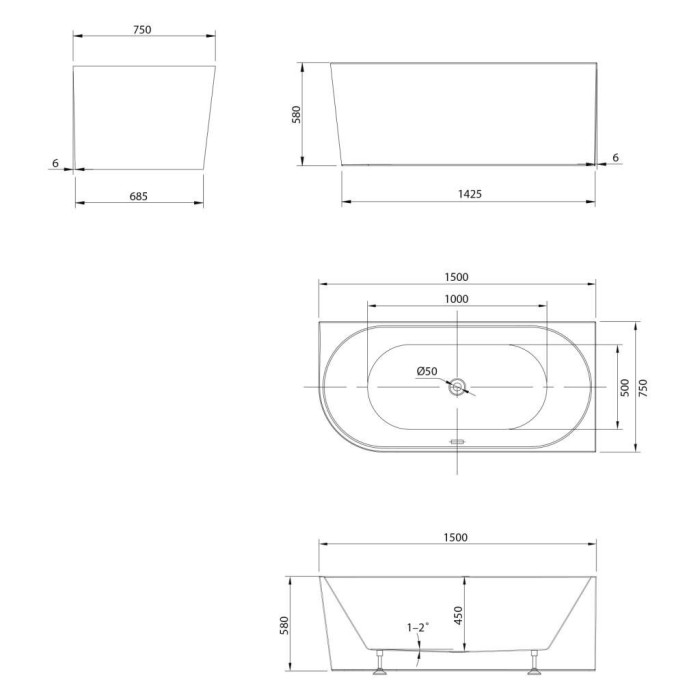 Акриловая свободно стоящая ванна AQUALINE Tibera R 150 x 75 см, правая