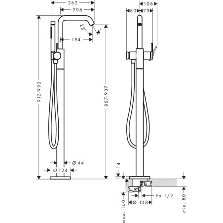 Floor-mounted bath mixer HANSGROHE Tecturis S, 73440670
