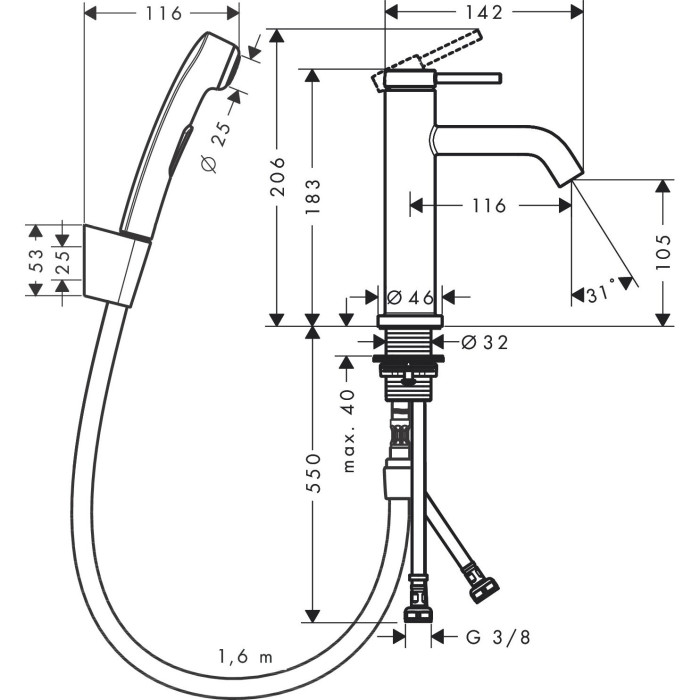 Смеситель для раковины с ручным душем HANSGROHE Tecturis S, 73211670