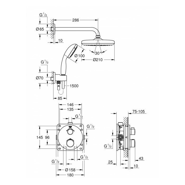 Built-in shower set GROHE Grohtherm Tempesta 210
