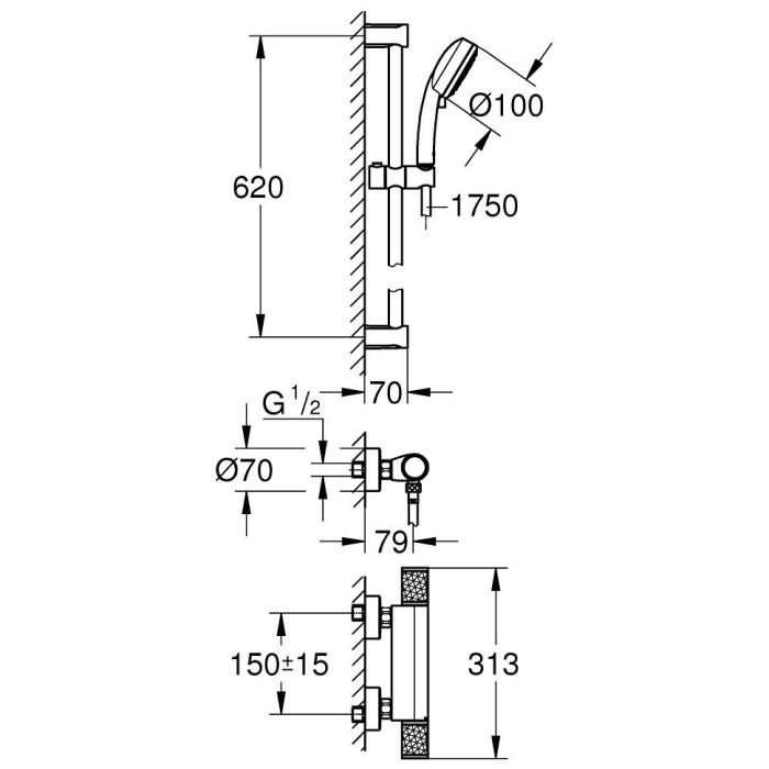 Termostaatiline segisti dušipostiga 62 cm GROHE Grohtherm 1000 Performance, 34834000