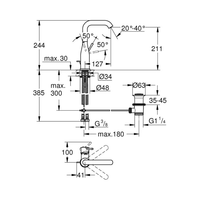 GROHE Essence L sink mixer with pop-up waste, 24174001