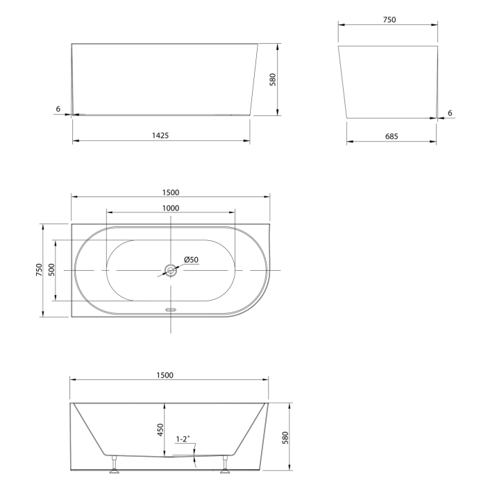 Акриловая свободно стоящая ванна AQUALINE Tibera L 150 x 75 см, левая E1046