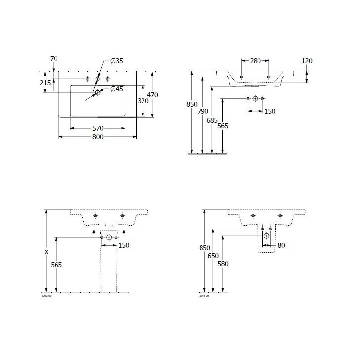 Умывальник VILLEROY & BOCH Subway 3.0 с переливом, 800 x 470 мм