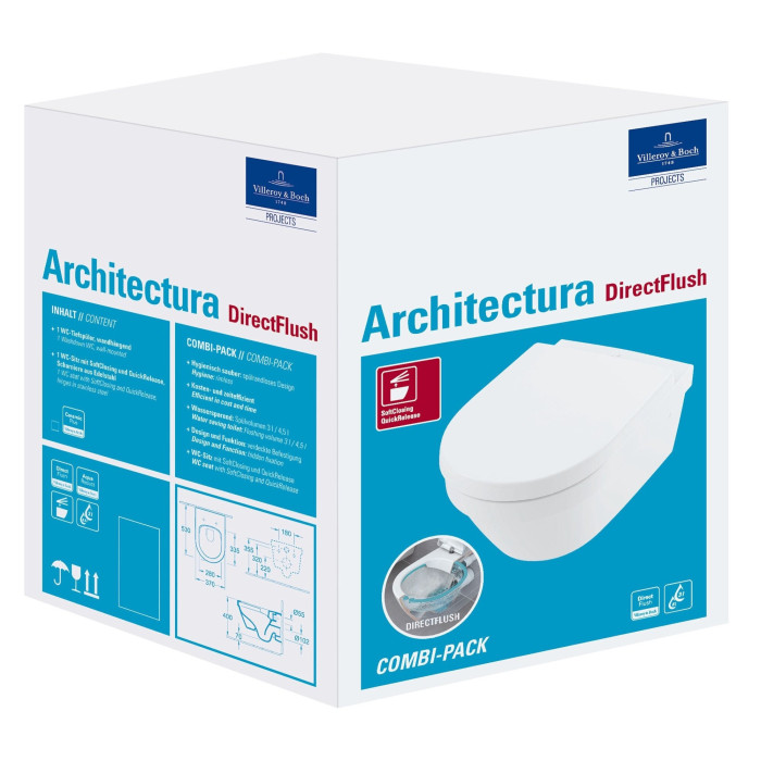 Rippuv WC VILLEROY & BOCH Architectura, Rimless Ceramic plus kattega, 4694HRR1
