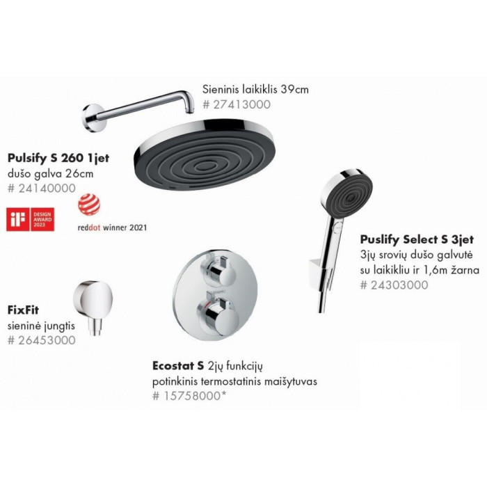 Built-in thermostatic shower 7 in 1 set HANSGROHE Ecostat S with Pulsify S 260 shower head and wall mount, chrome