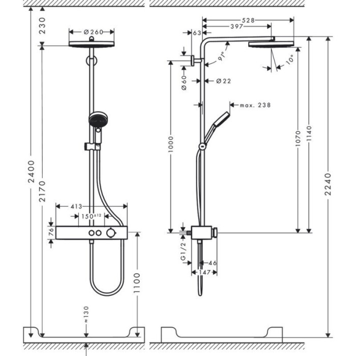 Termostaatiline dušisüsteem HANSGROHE Pulsify S 260 1jet, 24220140
