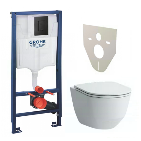 Подводной унитазный каркас GROHE Solido с черной кнопкой Even, прокладка с креплениями (4 в 1) + LAUFEN Rimless подвесной блок s