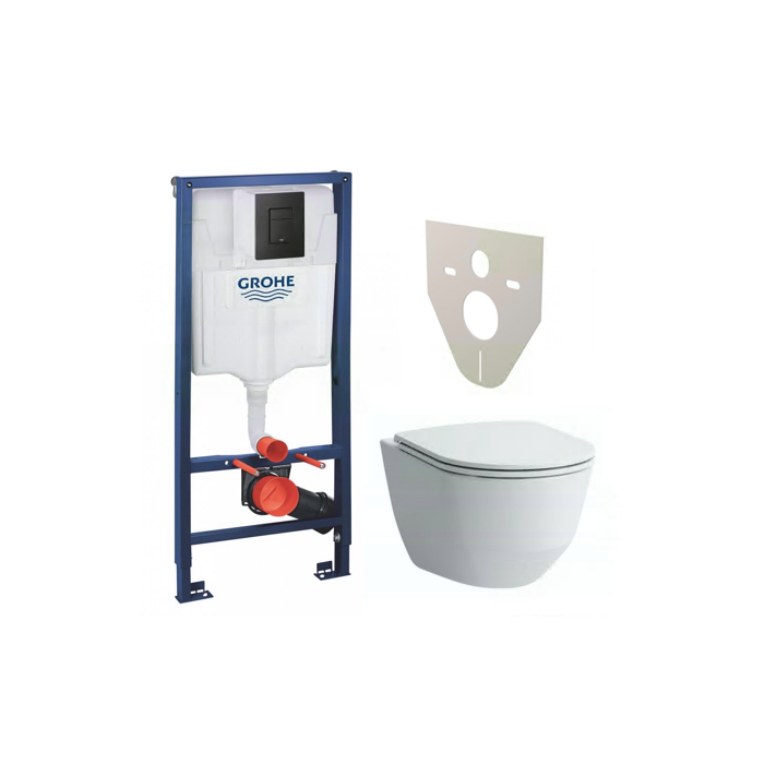 Potinkinis WC raam GROHE Solido musta nupuga Even, tihend koos kinnitustega (4 in 1) + LAUFEN Rimless riputatav seade s