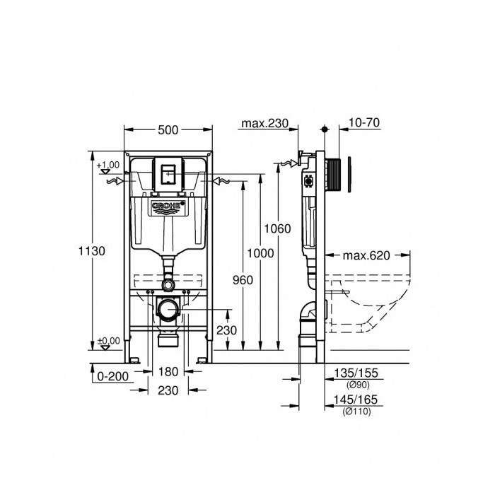 GROHE Solido concealed WC frame with black Even button, gasket with fittings (4 in 1) + LAUFEN Rimless wall-mounted unit s