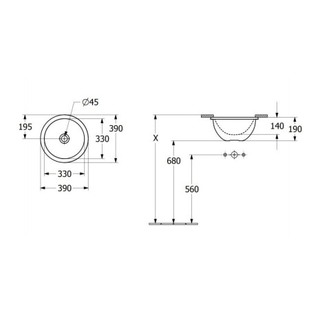 The sink VILLEROY & BOSH Loop & Friends 390 mm is installed under the countertop.