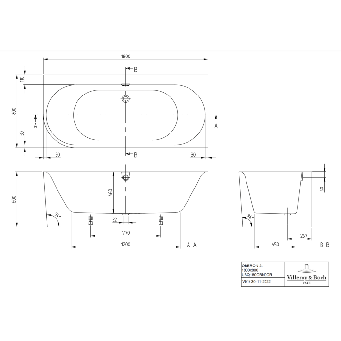 Угловая ванна VILLEROY & BOSH Oberon 2.1 Quaryl 180 x 80 см, UBQ180OBN9CR00VD01