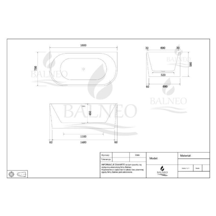 Acrylic freestanding bathtub BALNEO Viva, 160 x 75 cm. J0101010102-2