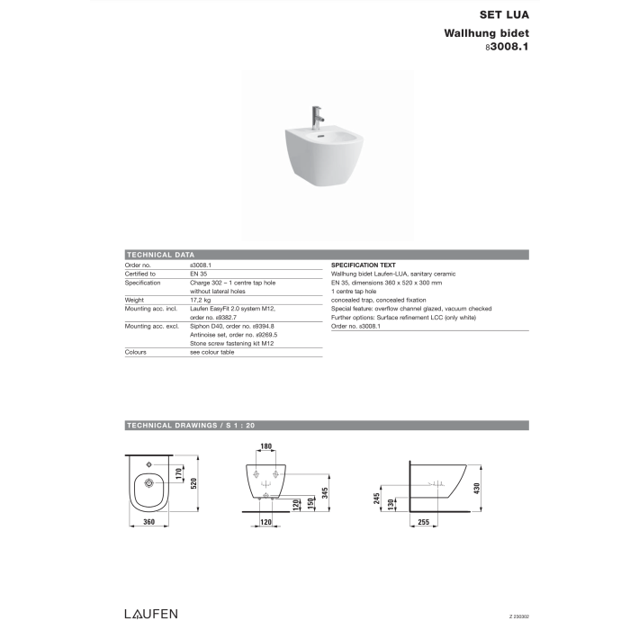 Rippbidee LAUFEN Lua LCC kate, H8300814003021