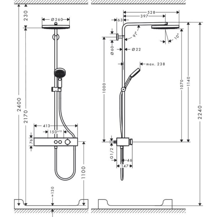 Thermostatic shower system HANSGROHE Pulsify S 260 1jet EcoSmart, 24221140