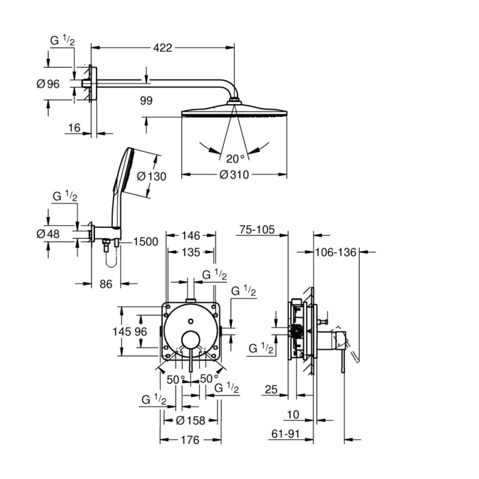 GROHE Essence Mono 310 built-in shower set, supersteel, 25287DC0
